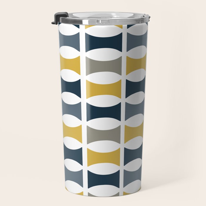 Mid Century Modern Geometric Pattern Navy Blue, Mustard Yellow, Gray Travel Mug Gallery Image 3