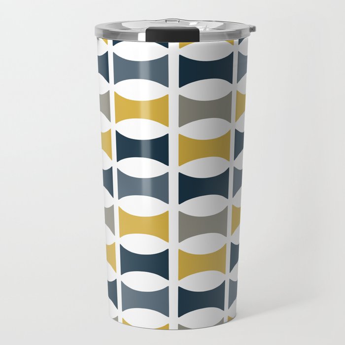 Mid Century Modern Geometric Pattern Navy Blue, Mustard Yellow, Gray Travel Mug Gallery Image 1