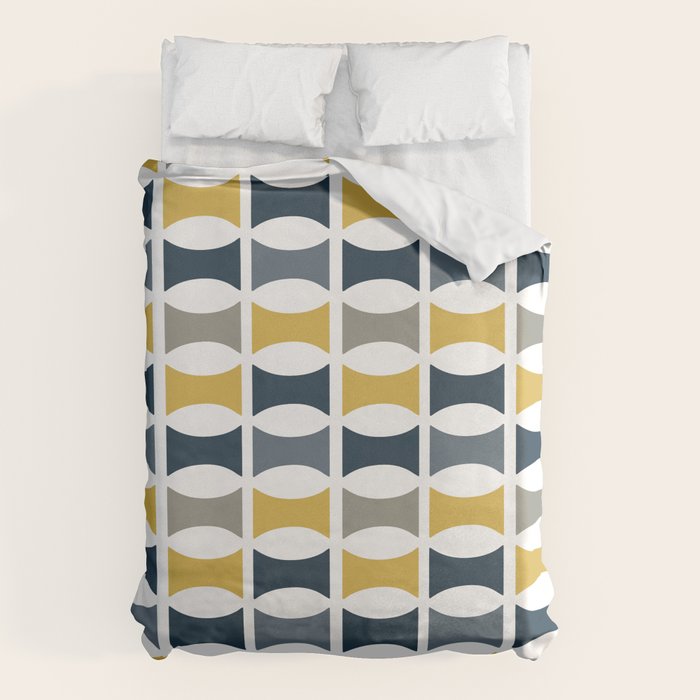 Mid Century Modern Geometric Pattern Navy Blue, Mustard Yellow, Gray Duvet Cover Gallery Image 1