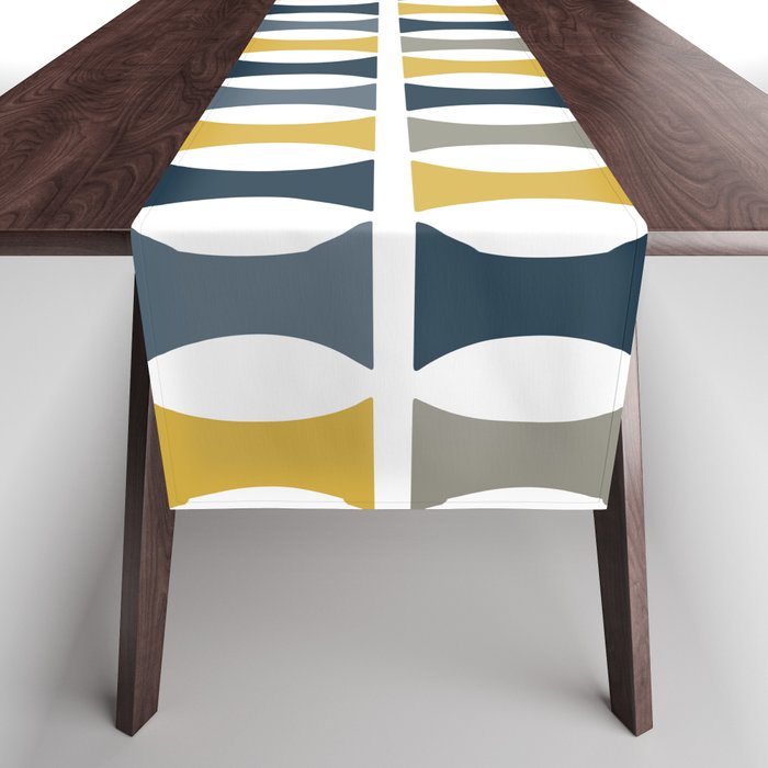 Mid Century Modern Geometric Pattern Navy Blue, Mustard Yellow, Gray Table Runner Gallery Image 1