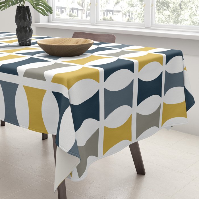Mid Century Modern Geometric Pattern Navy Blue, Mustard Yellow, Gray Tablecloth Gallery Image 3