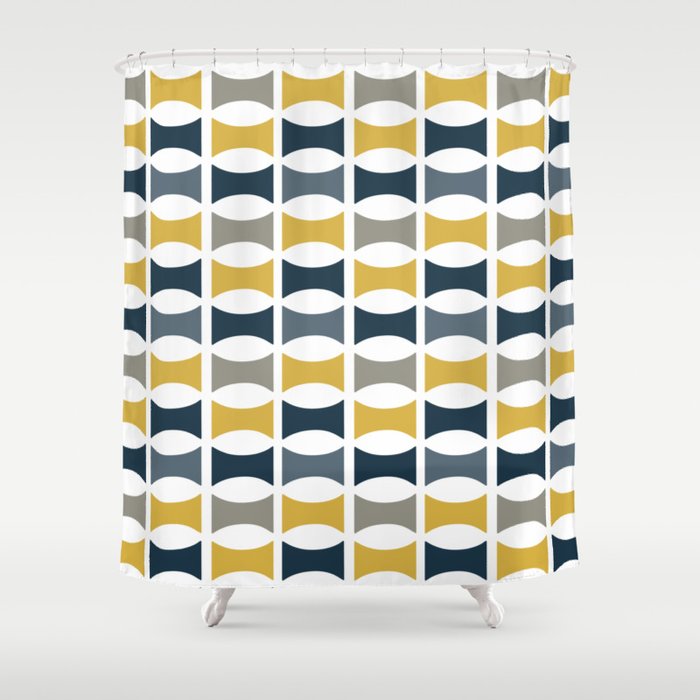 Mid Century Modern Geometric Pattern Navy Blue, Mustard Yellow, Gray Shower Curtain Gallery Image 1