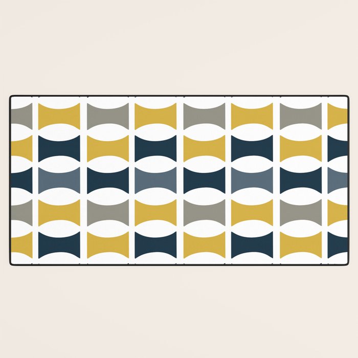 Mid Century Modern Geometric Pattern Navy Blue, Mustard Yellow, Gray Desk Mat Gallery Image 3