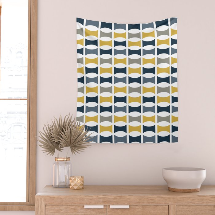 Mid Century Modern Geometric Pattern Navy Blue, Mustard Yellow, Gray Wall Tapestry Gallery Image 2