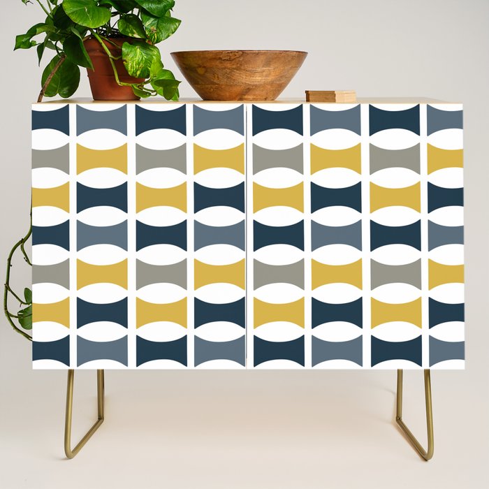 Mid Century Modern Geometric Pattern Navy Blue, Mustard Yellow, Gray Credenza Gallery Image 1