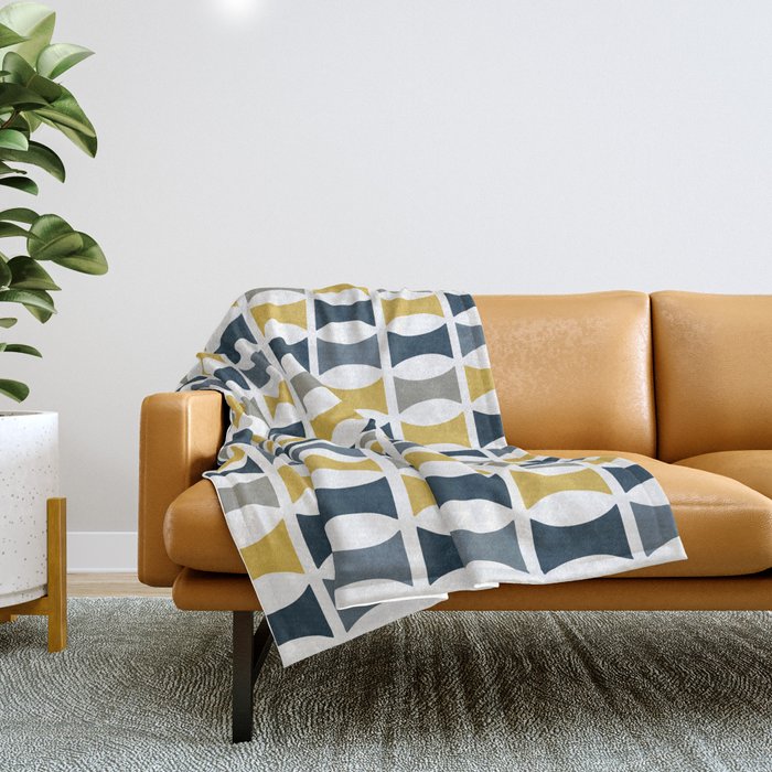 Mid Century Modern Geometric Pattern Navy Blue, Mustard Yellow, Gray Throw Blanket Gallery Image 1