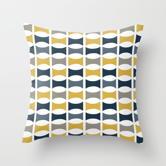 Mid Century Modern Geometric Pattern Navy Blue, Mustard Yellow, Gray Throw Pillow Gallery Image 1