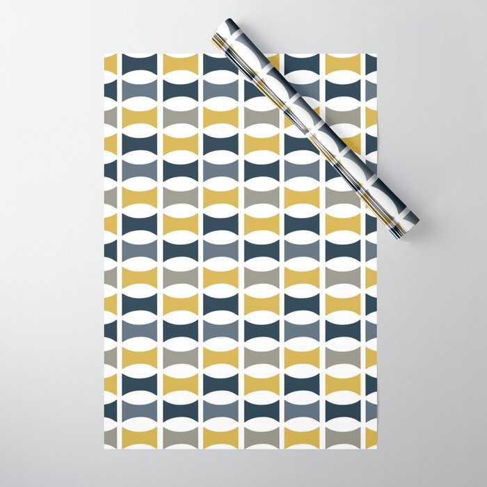 Mid Century Modern Geometric Pattern Navy Blue, Mustard Yellow, Gray Wrapping Paper Gallery Image 1