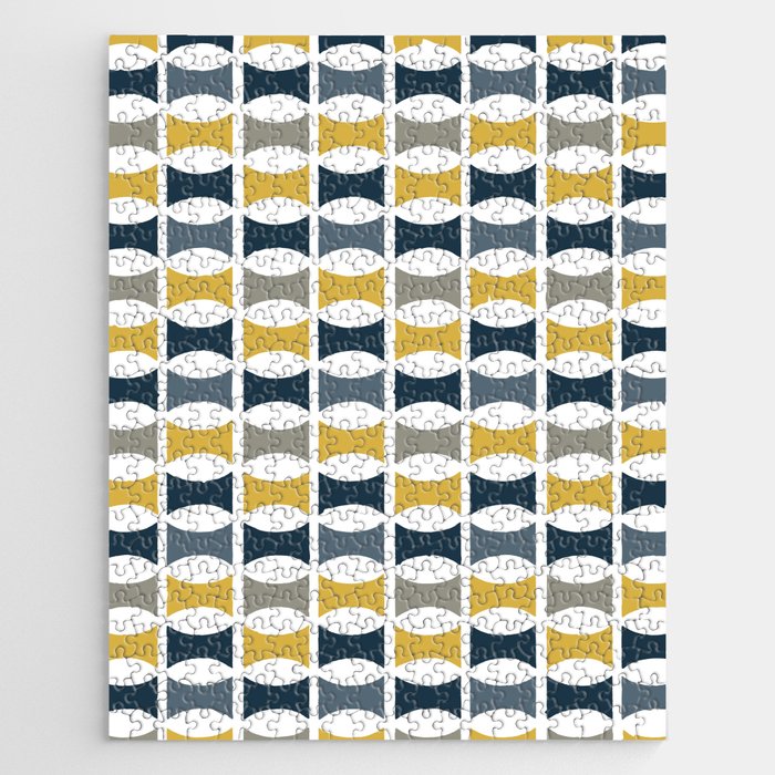 Mid Century Modern Geometric Pattern Navy Blue, Mustard Yellow, Gray Jigsaw Puzzle Gallery Image 1