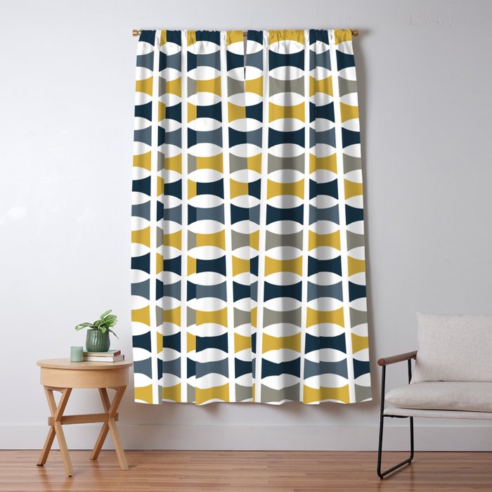 Mid Century Modern Geometric Pattern Navy Blue, Mustard Yellow, Gray Window Curtain Gallery Image 5