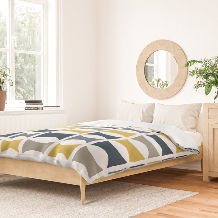Mid Century Modern Geometric Pattern Navy Blue, Mustard Yellow, Gray Duvet Cover Gallery Image 2
