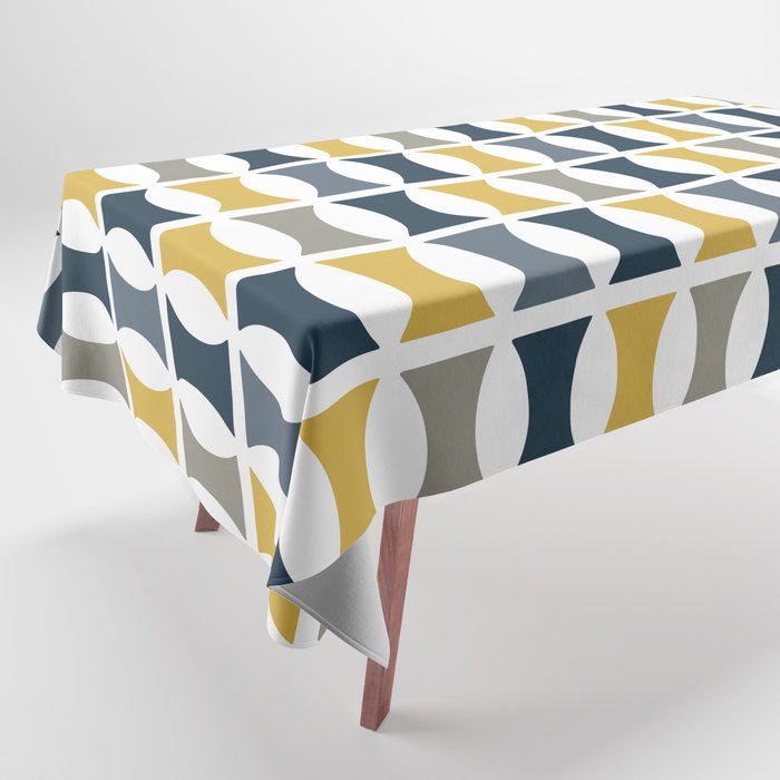 Mid Century Modern Geometric Pattern Navy Blue, Mustard Yellow, Gray Tablecloth Gallery Image 1