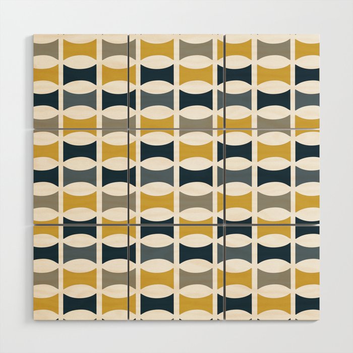 Mid Century Modern Geometric Pattern Navy Blue, Mustard Yellow, Gray Wood Wall Art Gallery Image 1