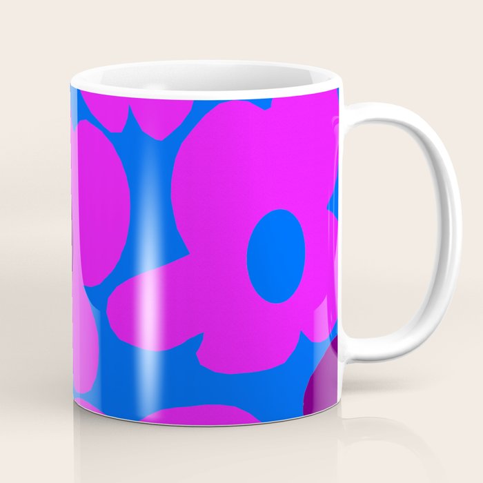 Large Pink and Purple Retro Flowers Blue Background #decor #society6 #buyart Coffee Mug Gallery Image 1