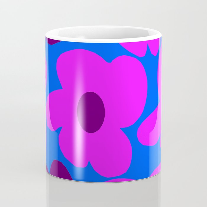 Large Pink and Purple Retro Flowers Blue Background #decor #society6 #buyart Coffee Mug Gallery Image 4