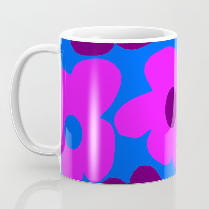 Large Pink and Purple Retro Flowers Blue Background #decor #society6 #buyart Coffee Mug Gallery Image 3