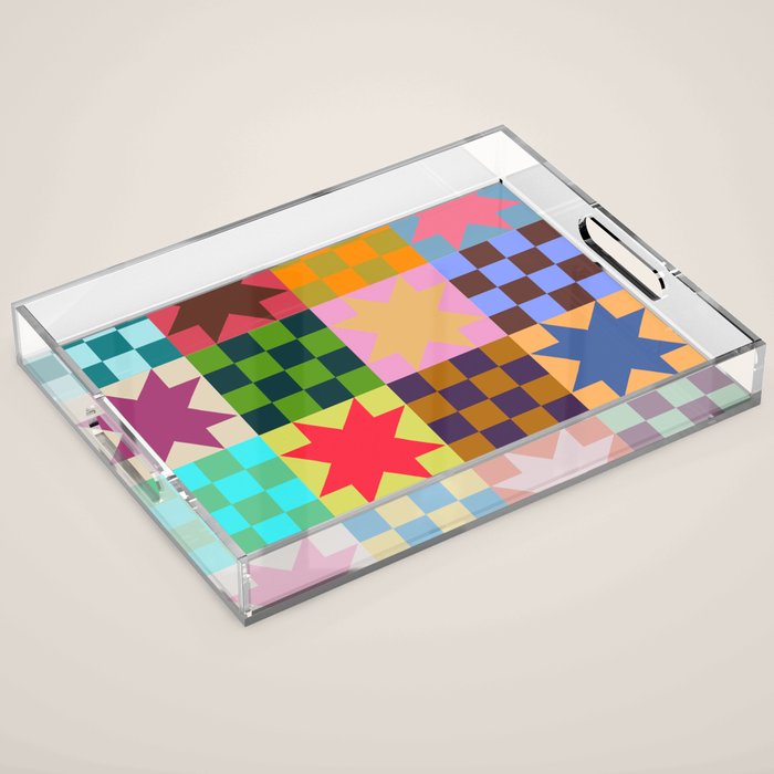 Colorful Patchwork Quilt Star Pattern Modern Geometric Abstract Blocks in Bright Bold Colors Acrylic Tray Gallery Image 1