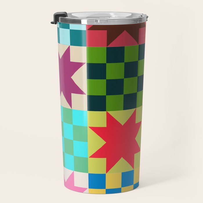 Colorful Patchwork Quilt Star Pattern Modern Geometric Abstract Blocks in Bright Bold Colors Travel Mug Gallery Image 3