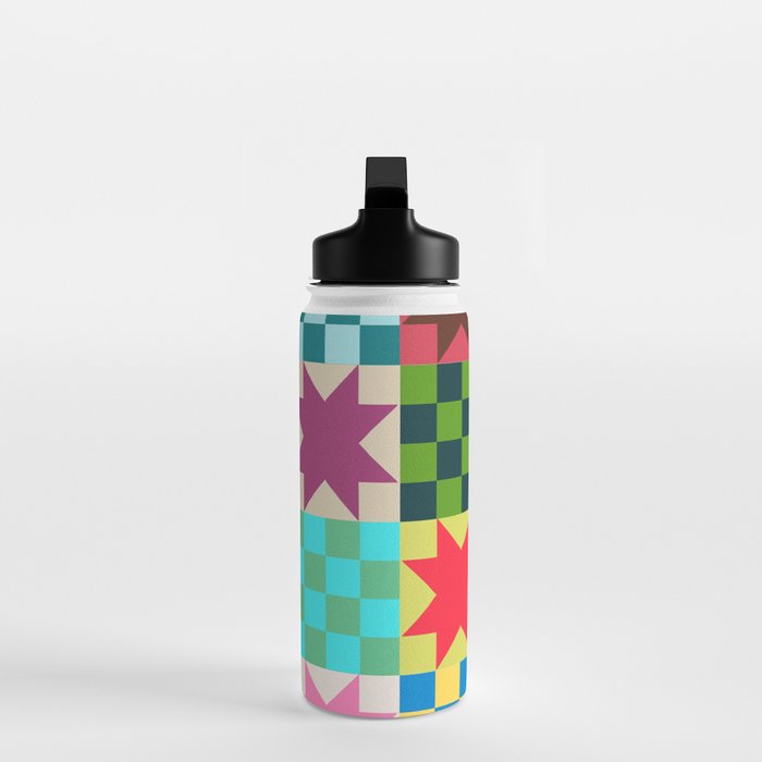 Colorful Patchwork Quilt Star Pattern Modern Geometric Abstract Blocks in Bright Bold Colors Water Bottle Gallery Image 3