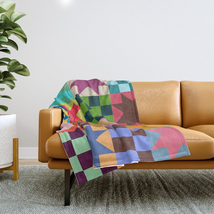 Colorful Patchwork Quilt Star Pattern Modern Geometric Abstract Blocks in Bright Bold Colors Throw Blanket Gallery Image 1