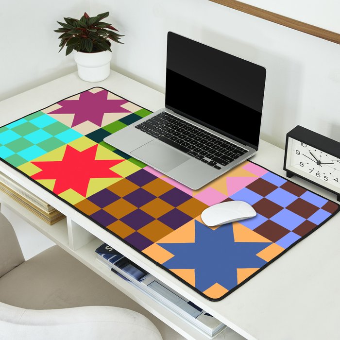Colorful Patchwork Quilt Star Pattern Modern Geometric Abstract Blocks in Bright Bold Colors Desk Mat Gallery Image 2