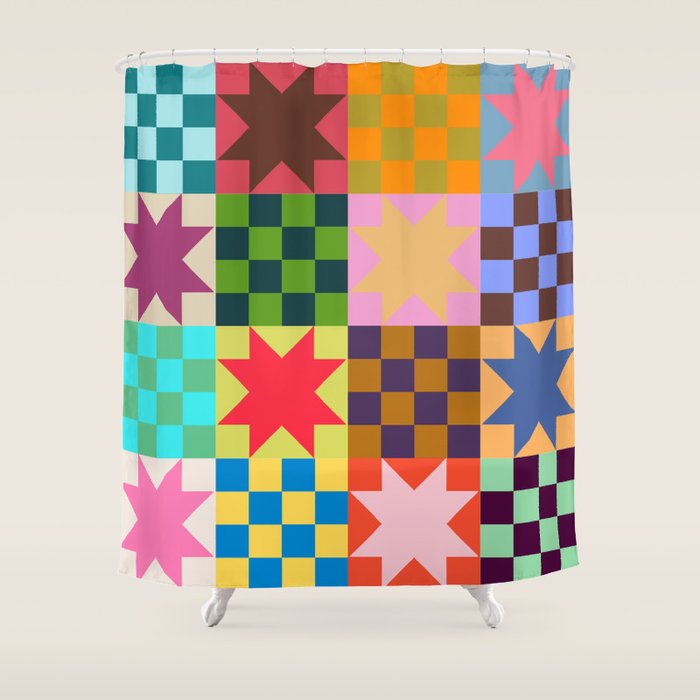 Colorful Patchwork Quilt Star Pattern Modern Geometric Abstract Blocks in Bright Bold Colors Shower Curtain Gallery Image 1
