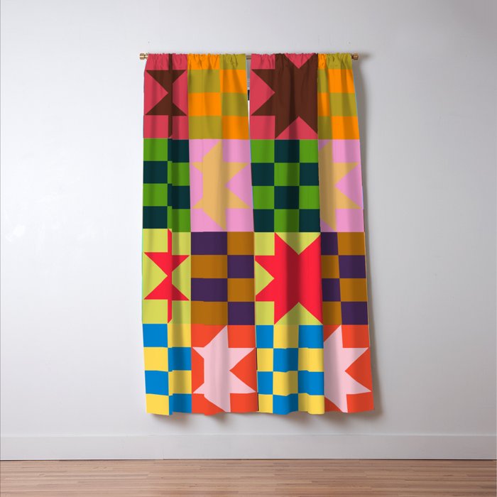 Colorful Patchwork Quilt Star Pattern Modern Geometric Abstract Blocks in Bright Bold Colors Window Curtain Gallery Image 3