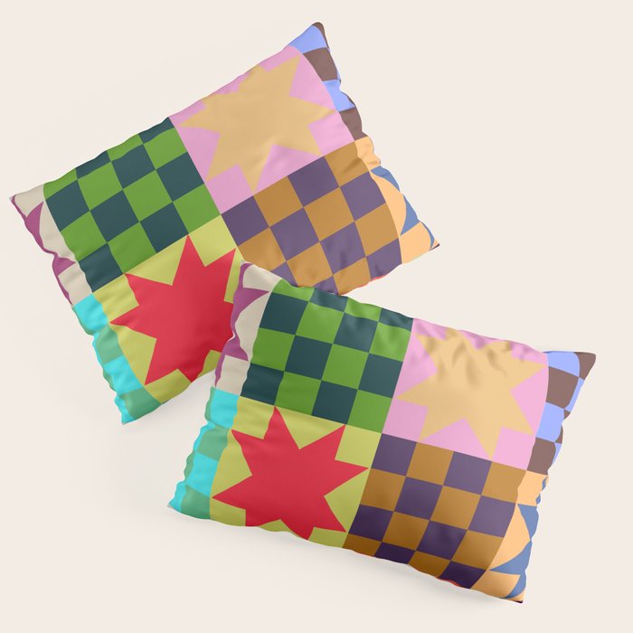 Colorful Patchwork Quilt Star Pattern Modern Geometric Abstract Blocks in Bright Bold Colors Pillow Sham Gallery Image 3
