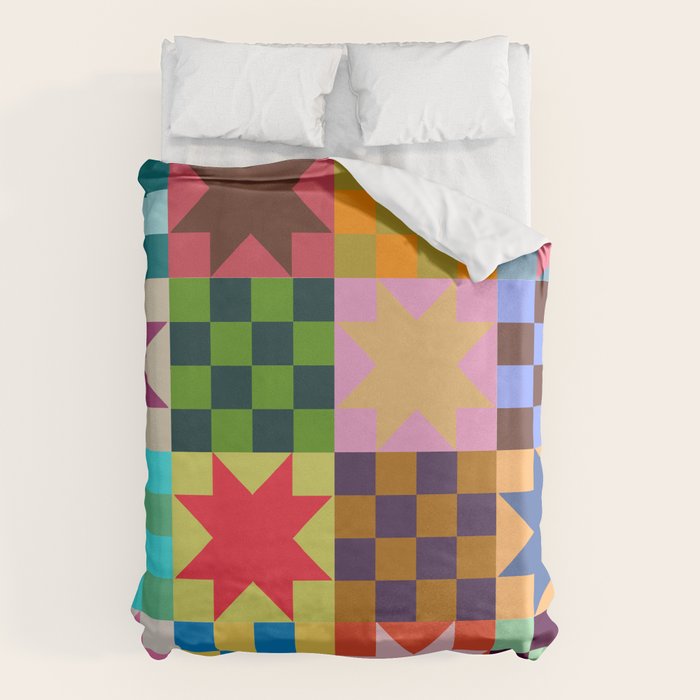 Colorful Patchwork Quilt Star Pattern Modern Geometric Abstract Blocks in Bright Bold Colors Duvet Cover Gallery Image 1