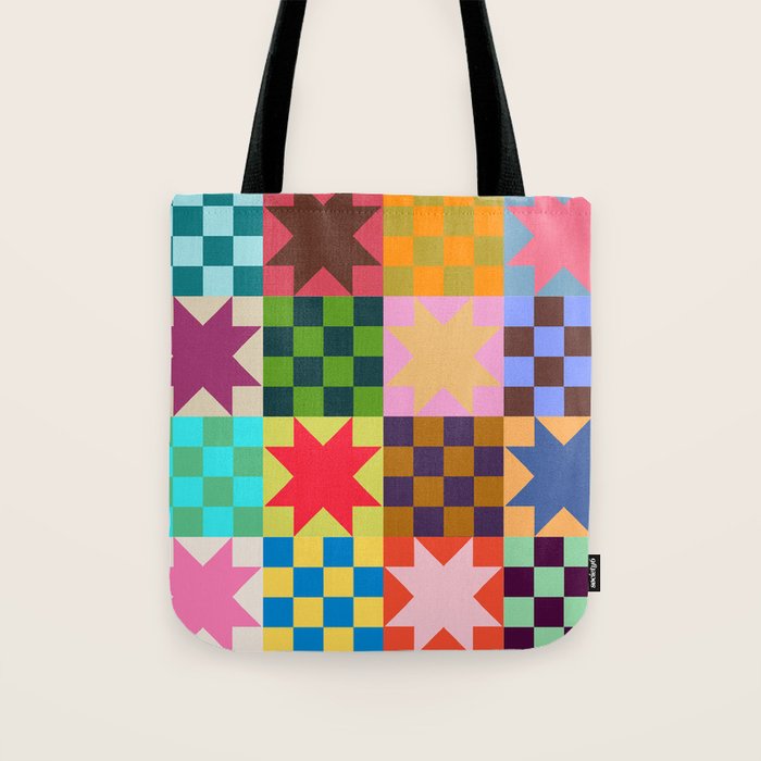 Colorful Patchwork Quilt Star Pattern Modern Geometric Abstract Blocks in Bright Bold Colors Tote Bag Gallery Image 1