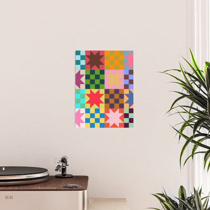 Colorful Patchwork Quilt Star Pattern Modern Geometric Abstract Blocks in Bright Bold Colors Poster Gallery Image 2