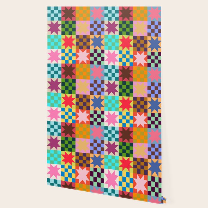Colorful Patchwork Quilt Star Pattern Modern Geometric Abstract Blocks in Bright Bold Colors Wallpaper Gallery Image 2