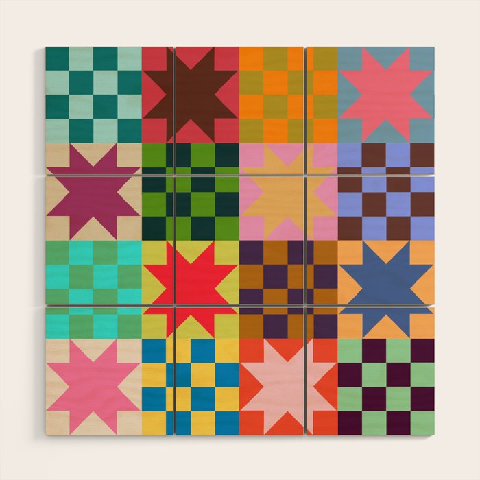 Colorful Patchwork Quilt Star Pattern Modern Geometric Abstract Blocks in Bright Bold Colors Wood Wall Art Gallery Image 1