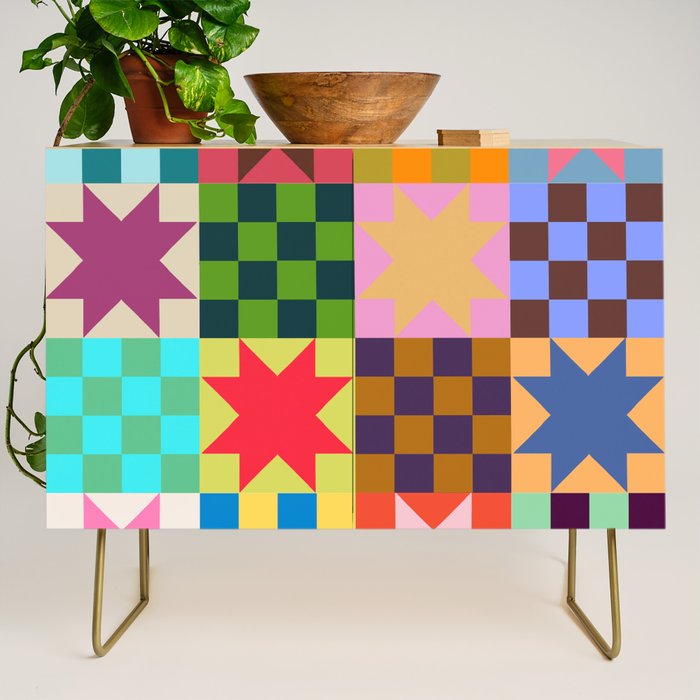 Colorful Patchwork Quilt Star Pattern Modern Geometric Abstract Blocks in Bright Bold Colors Credenza Gallery Image 1
