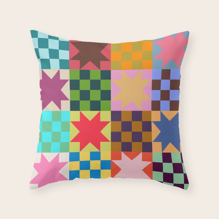 Colorful Patchwork Quilt Star Pattern Modern Geometric Abstract Blocks in Bright Bold Colors Throw Pillow Gallery Image 6