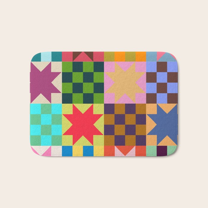 Colorful Patchwork Quilt Star Pattern Modern Geometric Abstract Blocks in Bright Bold Colors Bath Mat Gallery Image 1