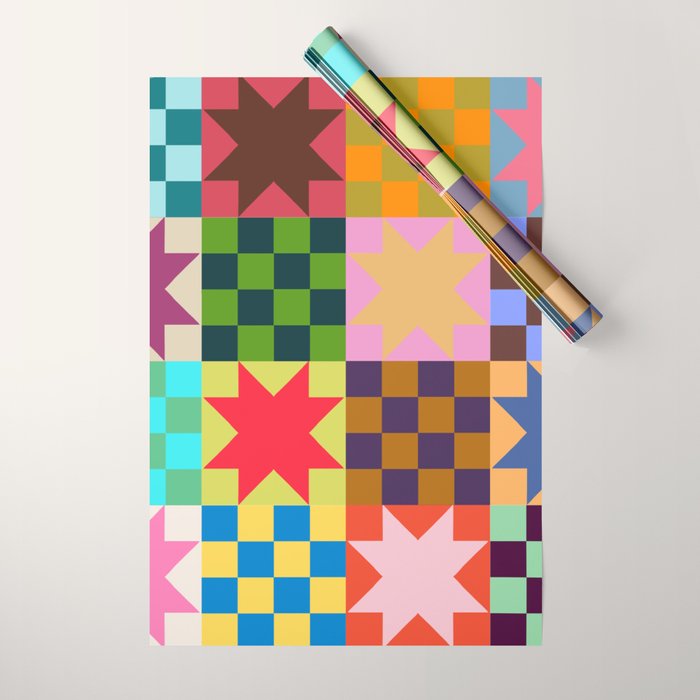 Colorful Patchwork Quilt Star Pattern Modern Geometric Abstract Blocks in Bright Bold Colors Wrapping Paper Gallery Image 1