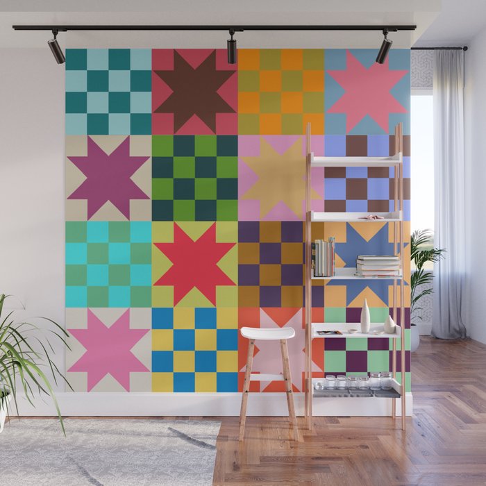 Colorful Patchwork Quilt Star Pattern Modern Geometric Abstract Blocks in Bright Bold Colors Wall Mural Gallery Image 1