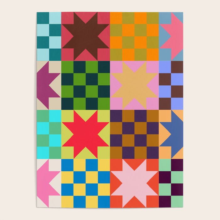 Colorful Patchwork Quilt Star Pattern Modern Geometric Abstract Blocks in Bright Bold Colors Poster Gallery Image 4