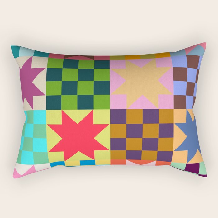 Colorful Patchwork Quilt Star Pattern Modern Geometric Abstract Blocks in Bright Bold Colors Rectangular Pillow Gallery Image 1