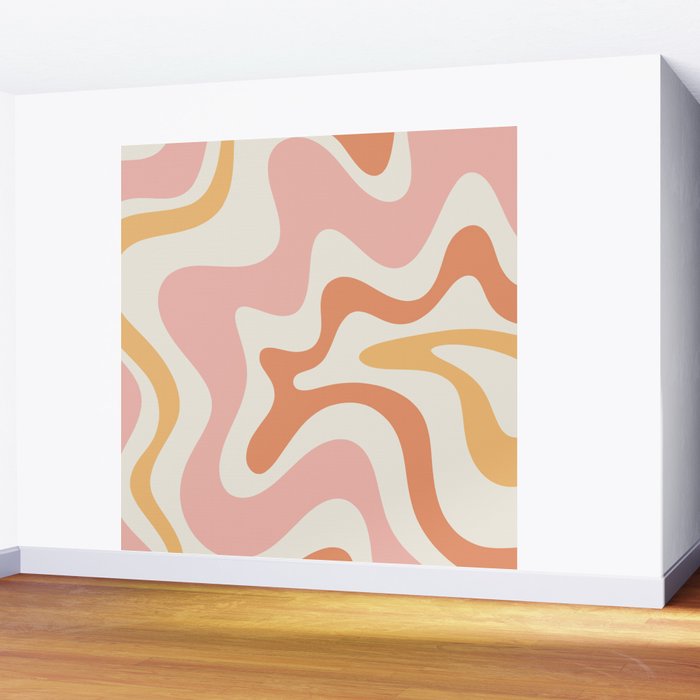 Retro Liquid Swirl Abstract Pattern Square Blush Cream Cantaloupe Mustard Wall Mural Gallery Image 2