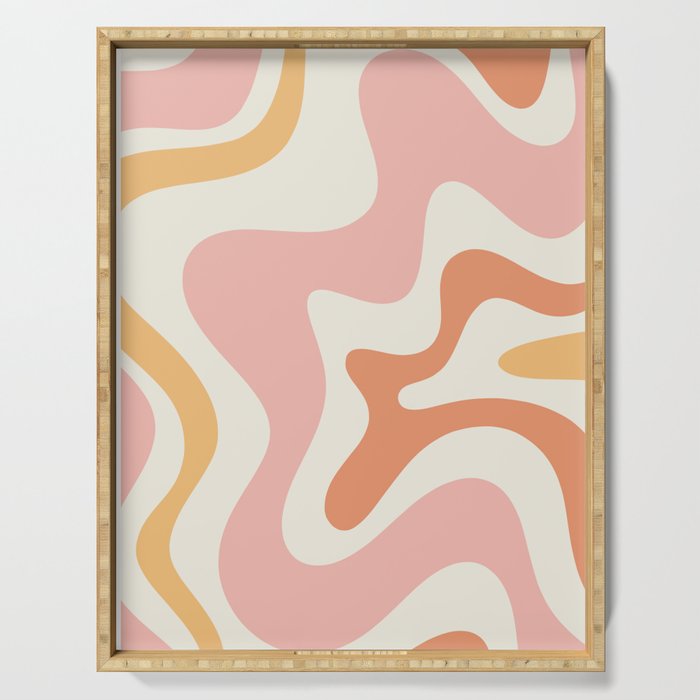 Retro Liquid Swirl Abstract Pattern Square Blush Cream Cantaloupe Mustard Serving Tray Gallery Image 1