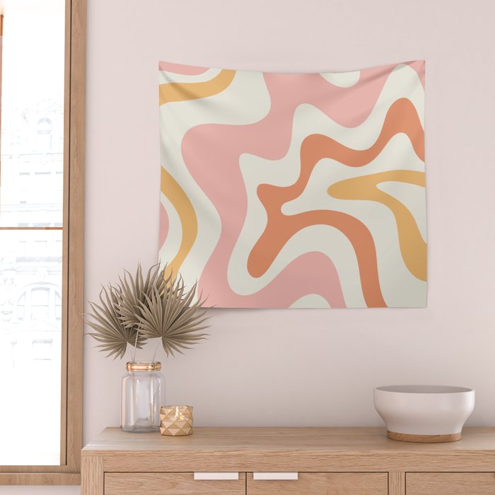 Retro Liquid Swirl Abstract Pattern Square Blush Cream Cantaloupe Mustard Wall Tapestry Gallery Image 2