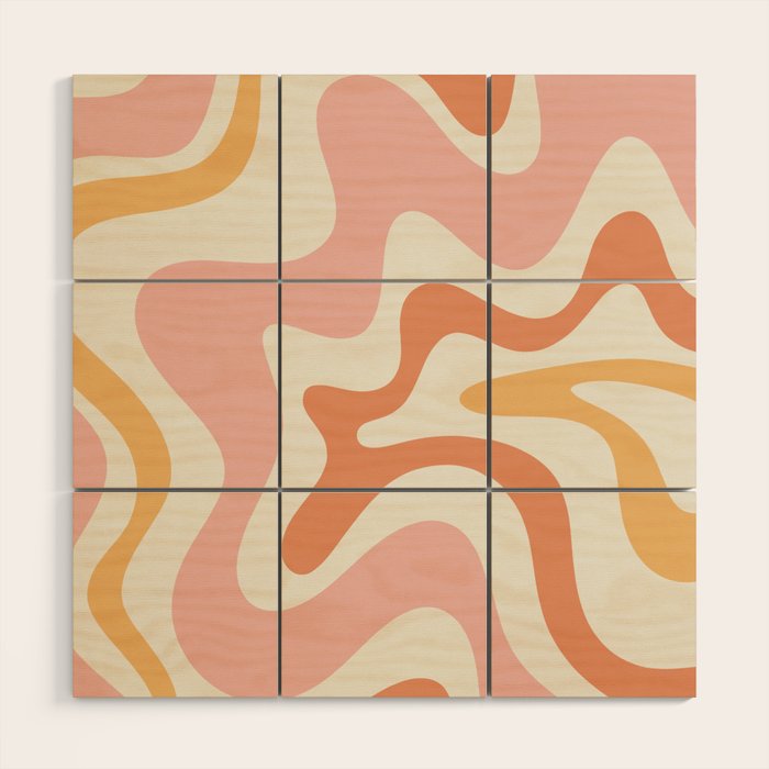 Retro Liquid Swirl Abstract Pattern Square Blush Cream Cantaloupe Mustard Wood Wall Art Gallery Image 1