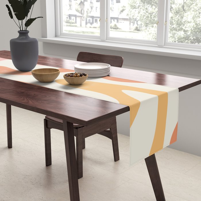 Retro Liquid Swirl Abstract Pattern Square Blush Cream Cantaloupe Mustard Table Runner Gallery Image 2