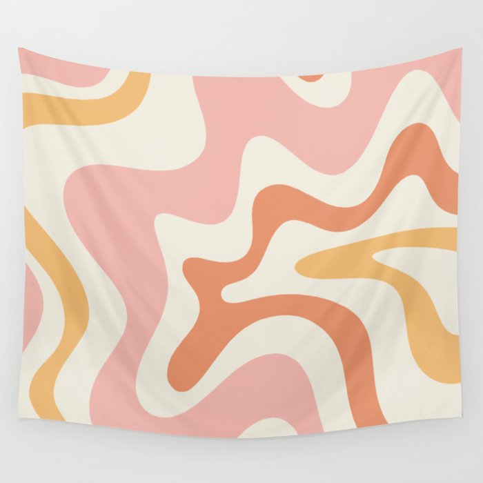 Retro Liquid Swirl Abstract Pattern Square Blush Cream Cantaloupe Mustard Wall Tapestry Gallery Image 4