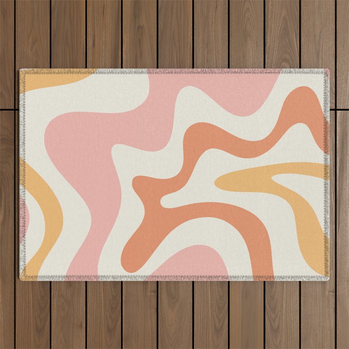 Retro Liquid Swirl Abstract Pattern Square Blush Cream Cantaloupe Mustard Outdoor Rug Gallery Image 1