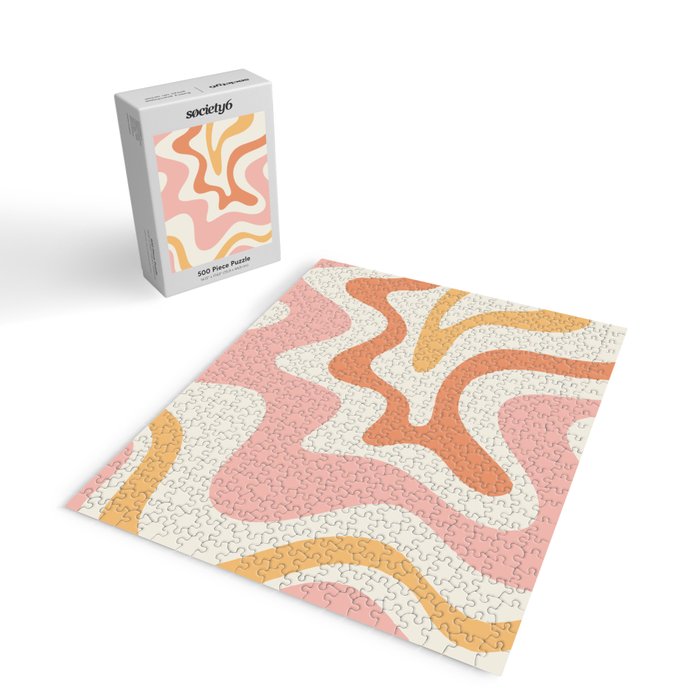 Retro Liquid Swirl Abstract Pattern Square Blush Cream Cantaloupe Mustard Jigsaw Puzzle Gallery Image 2