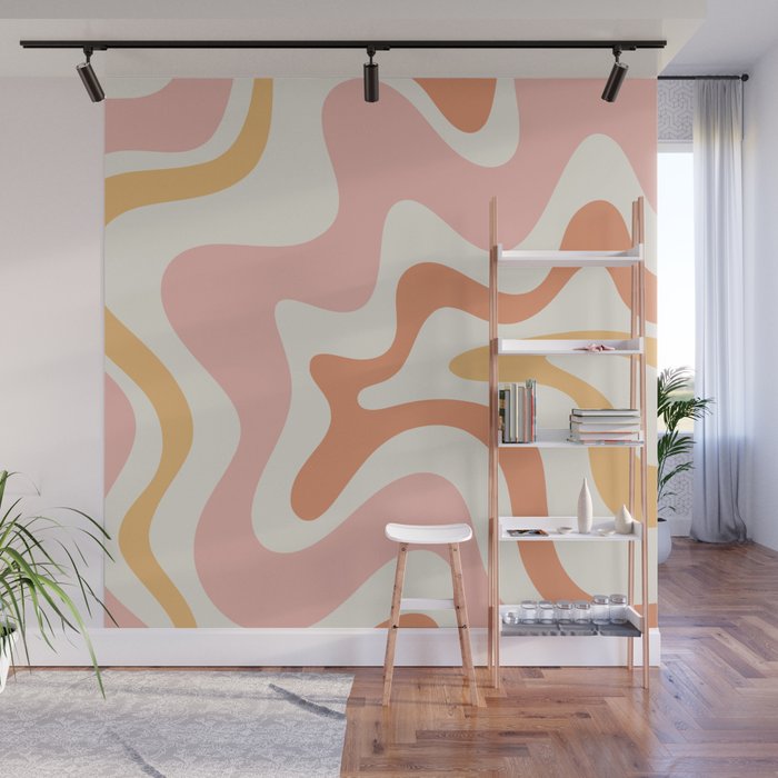 Retro Liquid Swirl Abstract Pattern Square Blush Cream Cantaloupe Mustard Wall Mural Gallery Image 1