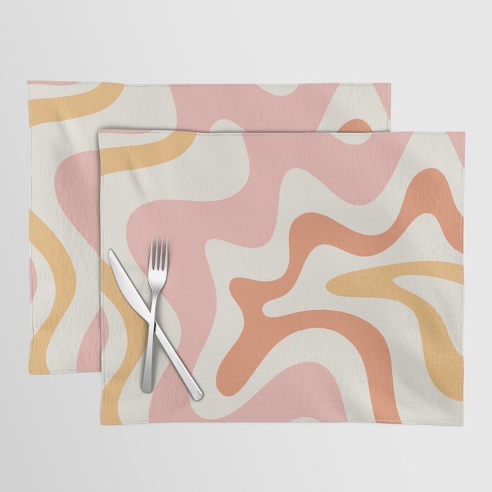 Retro Liquid Swirl Abstract Pattern Square Blush Cream Cantaloupe Mustard Placemat Gallery Image 1
